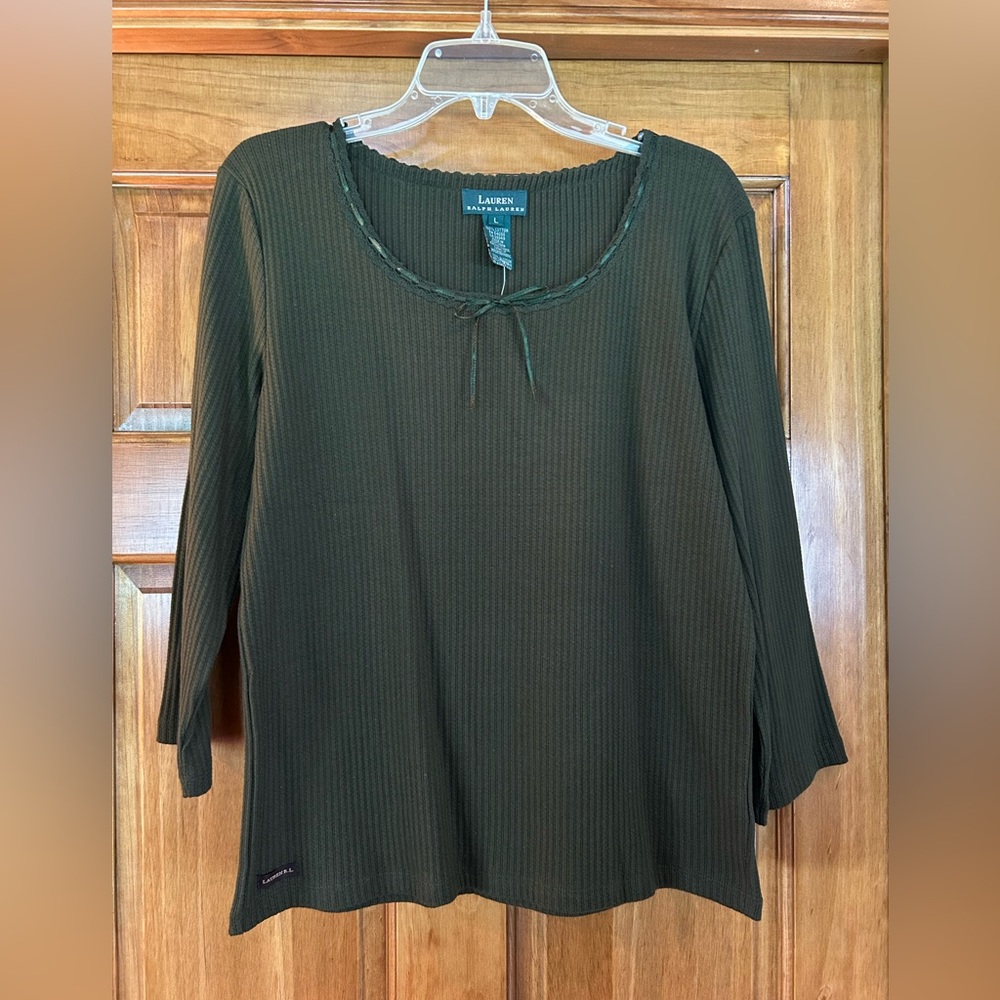Lauren Ralph Lauren Olive Ribbed Scoop-Neck 3/4 Sleeve Top